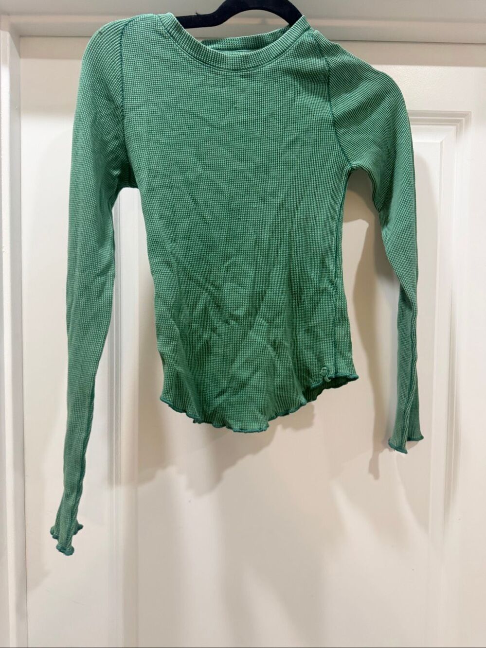 We The Free Green Waffle Knit Thermal Long Sleeve Top Curved Hem Size XS